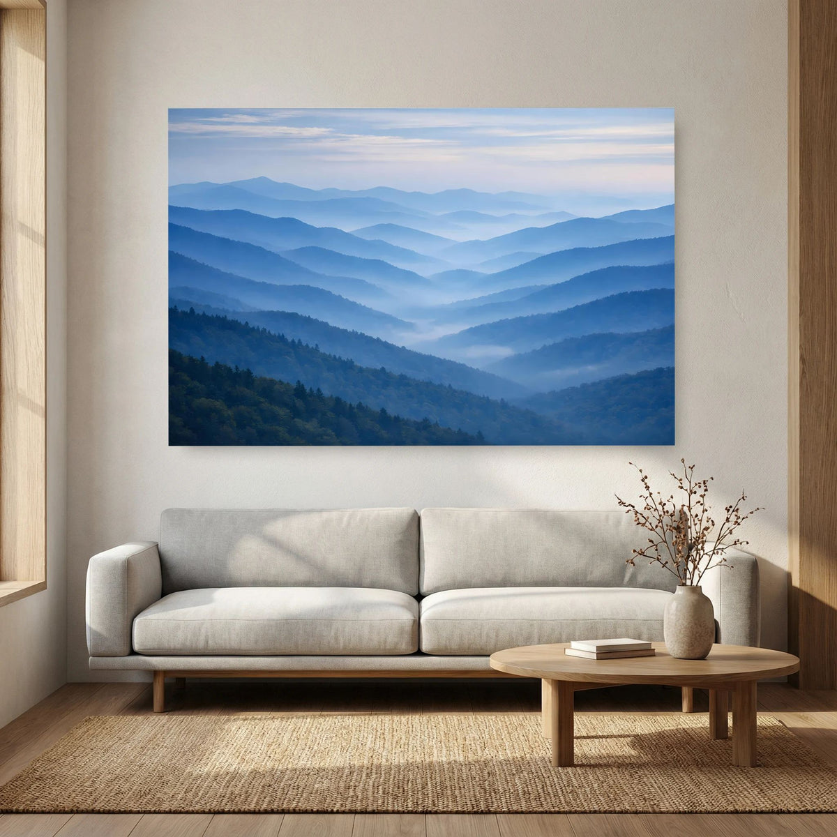 Wandbild im Querformat: Bergtal im Nebel, sanfte Blau- und Lilatöne