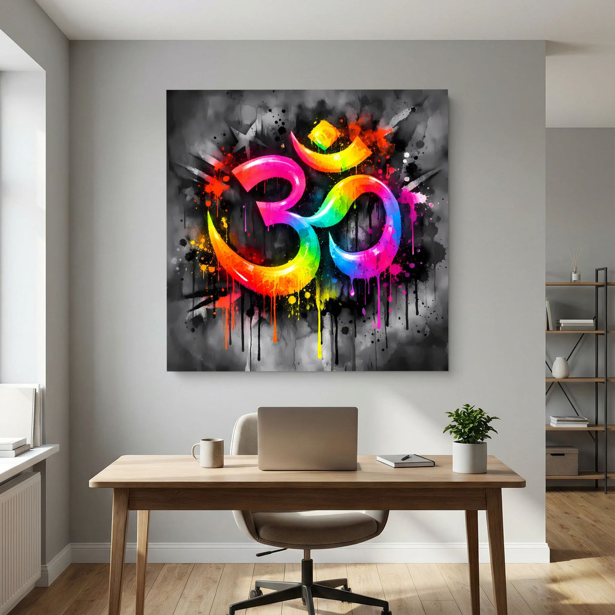 Leinwandbild mit Om-Symbol auf Keilrahmen, abstrakt in leuchtenden Farben mit Sprühflecken.