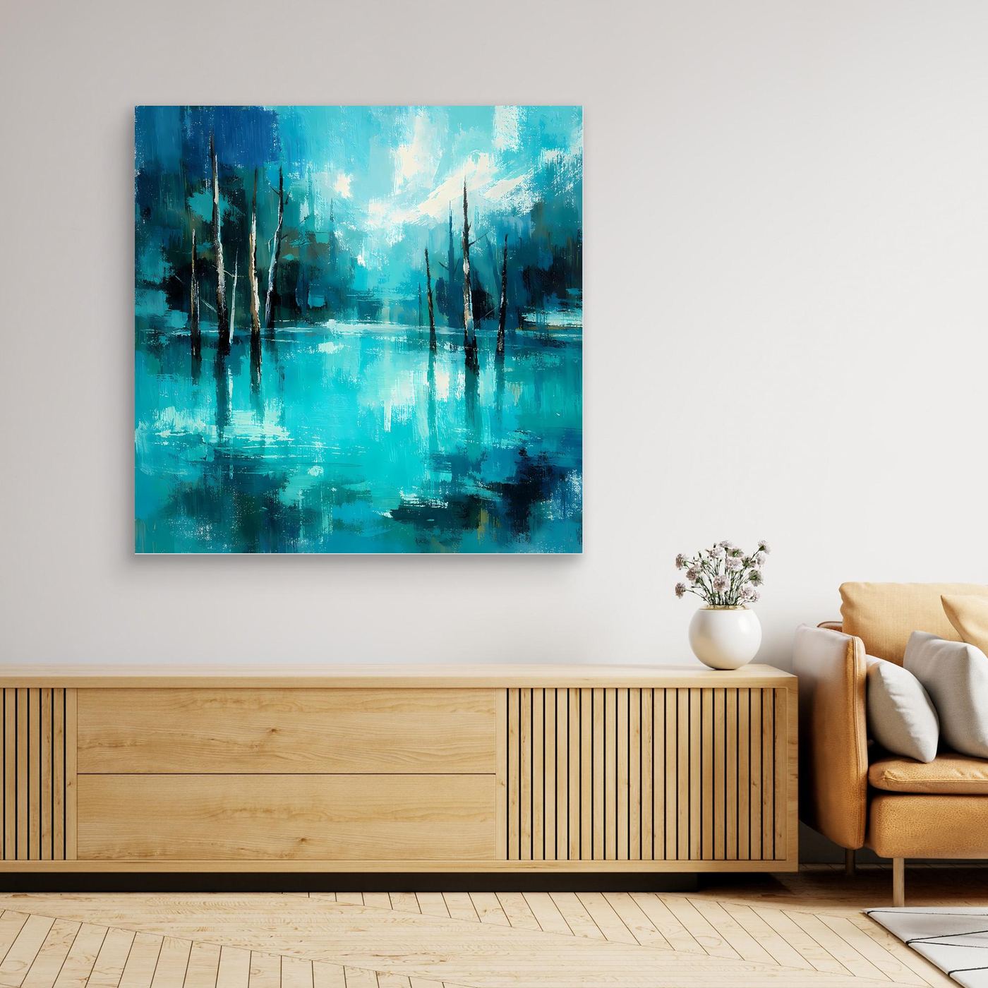 Quadratisches Leinwandbild: türkisblauer See mit dunklen Bäumen und spiegelnden Reflexen