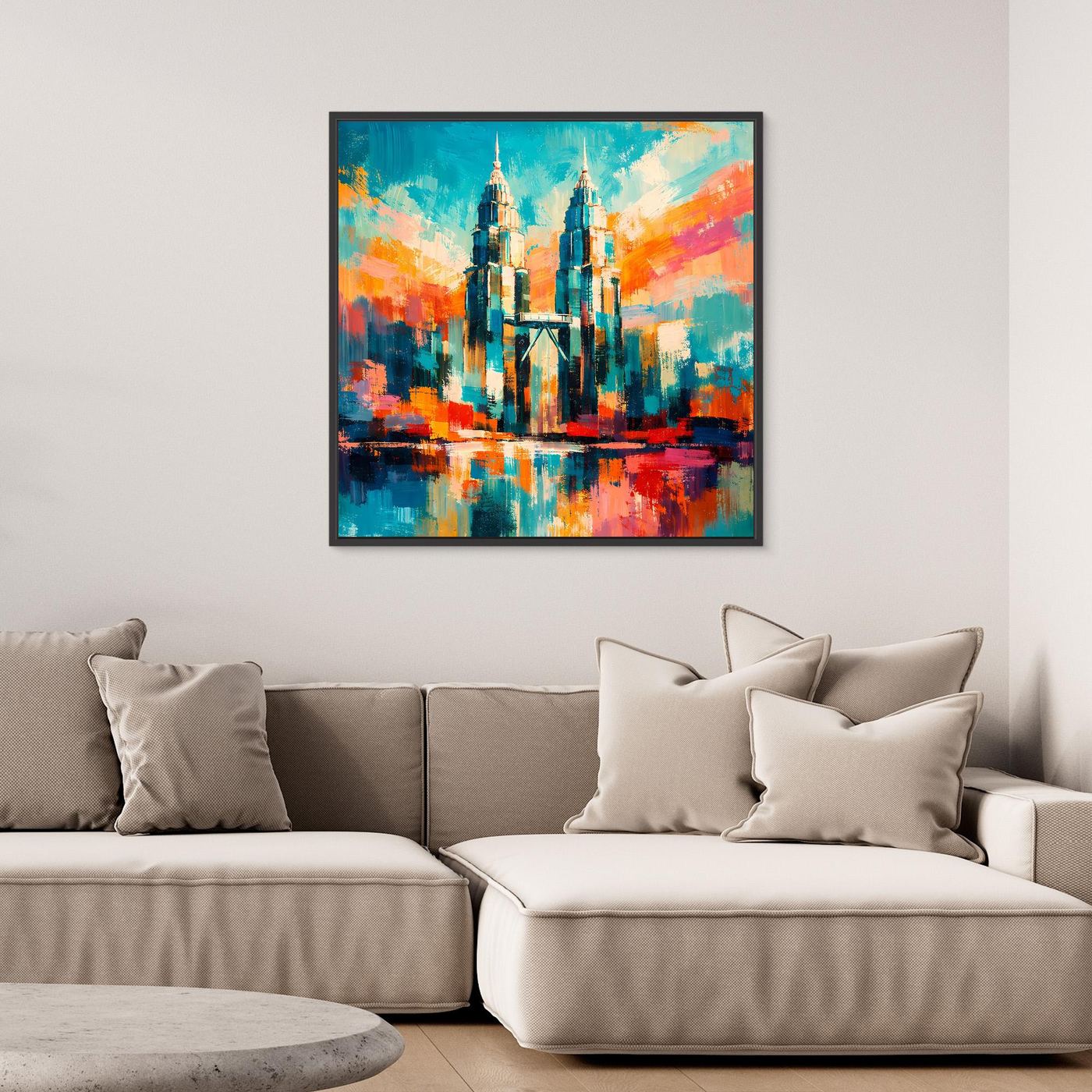 Abstraktes Leinwand-Wandbild mit schwarzem Rahmen, bunte Türme und türkis-orange Spiegelung