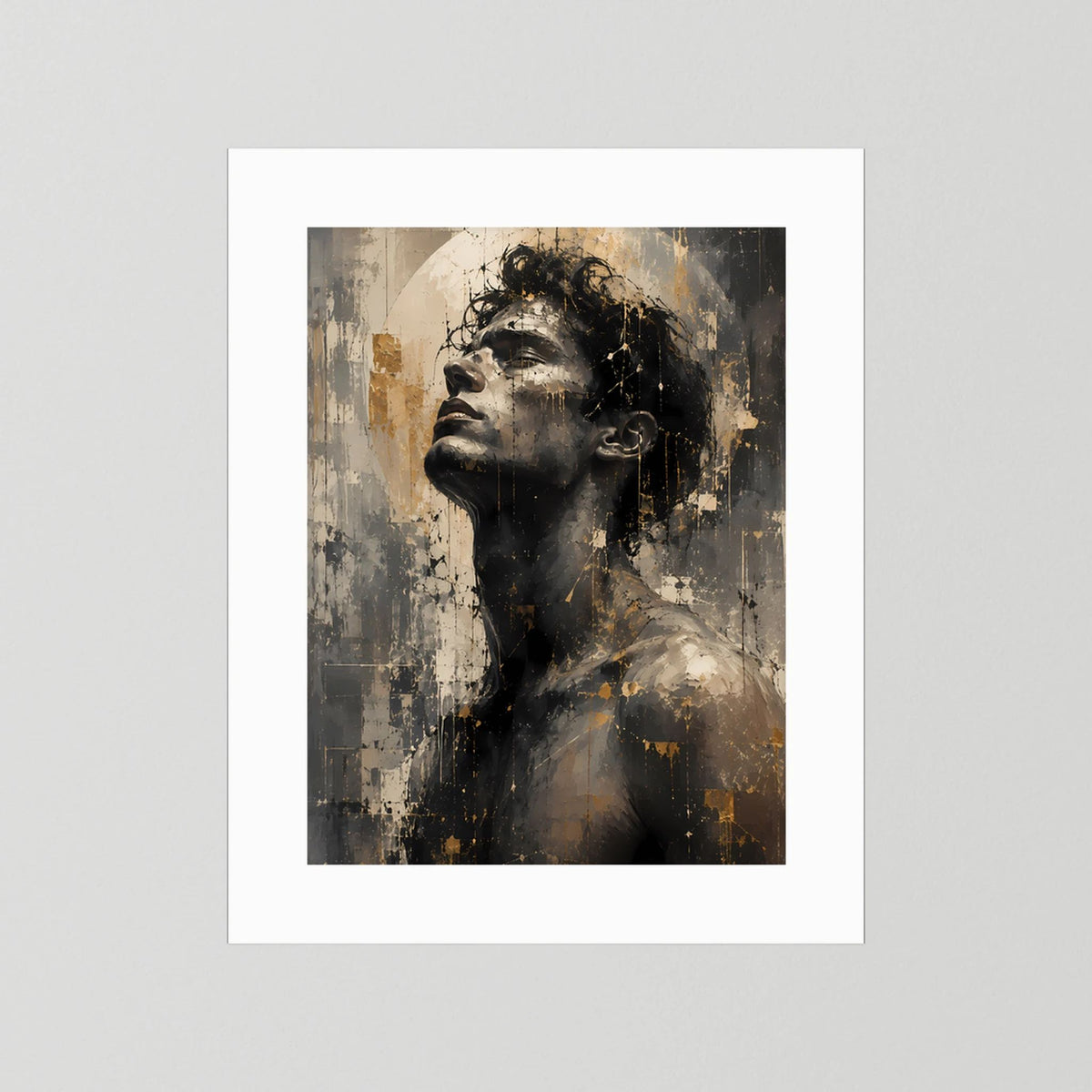 Poster im Weißrahmen mit abstraktem Frauenporträt, Schwarz-Gold-Beige, hochformatig