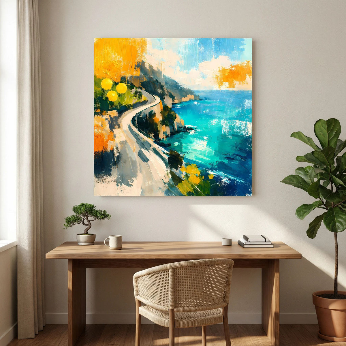 Abstraktes Wandbild auf Leinwand: Küstenweg mit gelben Blüten und türkisblauem Wasser