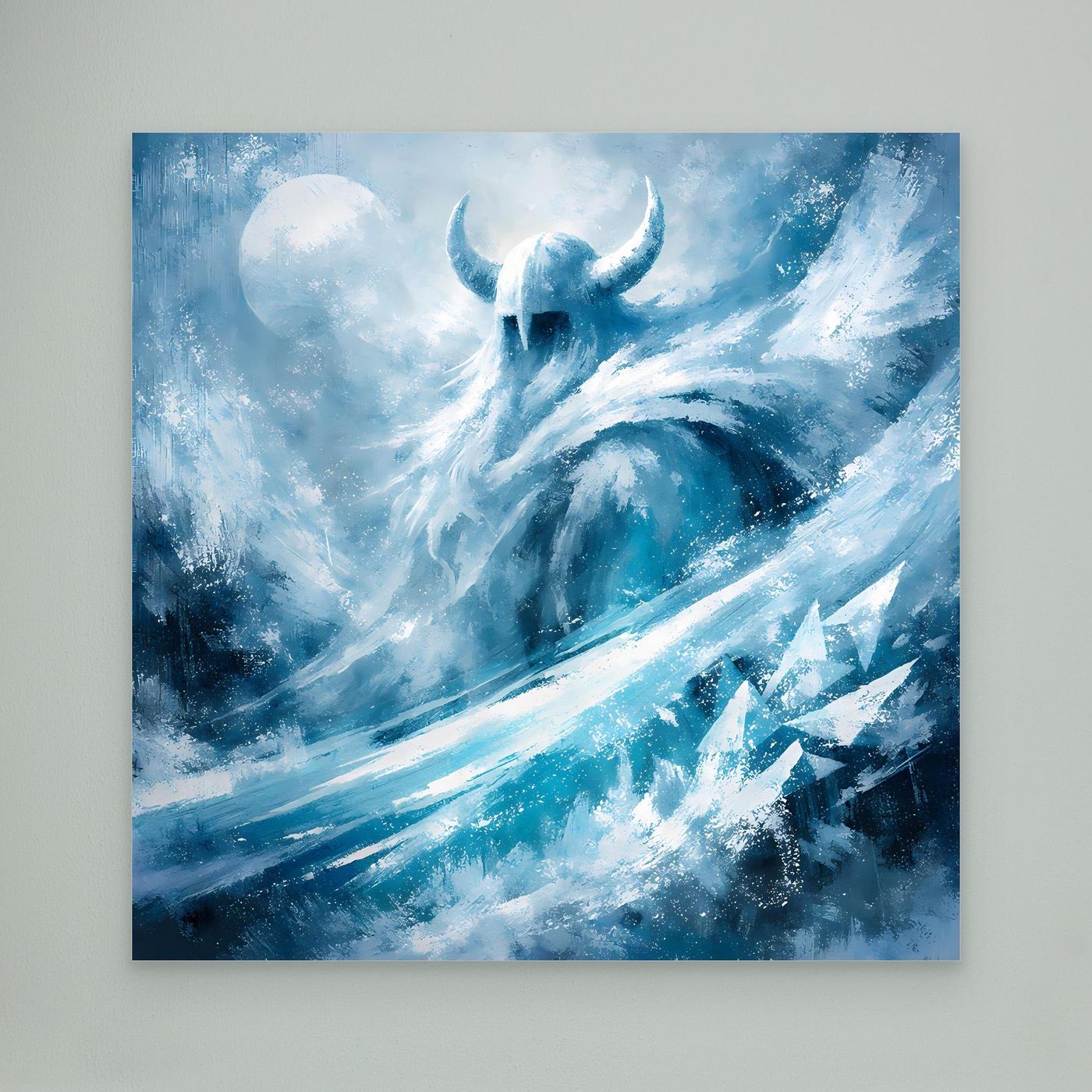 Leinwandbild mit Eiswikinger-Motiv in Blau-Tönen, quadratisch, weiß gerahmt