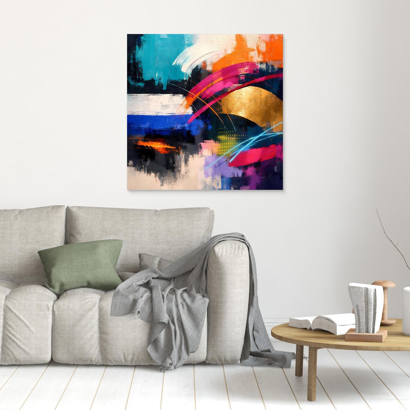 Abstraktes Leinwandbild mit Goldkreis, farbigen Bögen in Orange-, Blau- und Magenta-Tönen