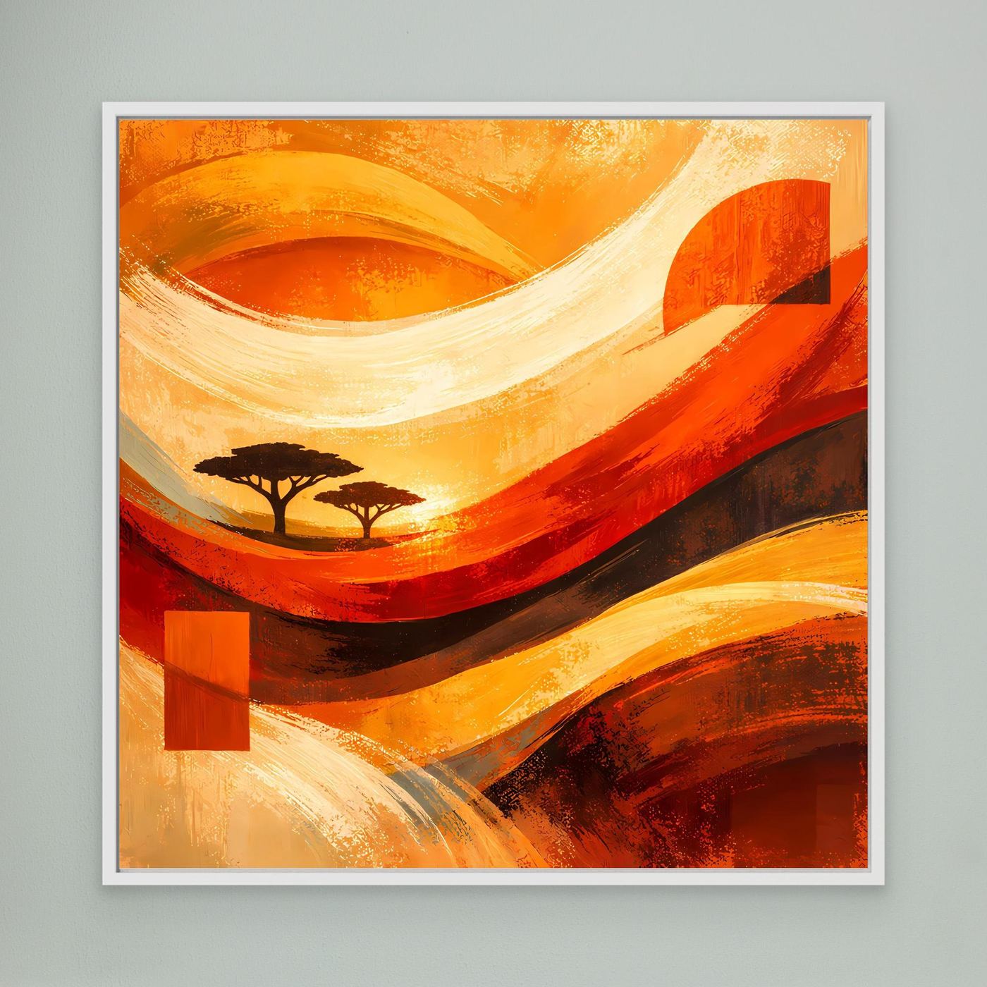 Gerahmtes Leinwandbild mit abstrakter Savannen-Szene, orange/rot, Silhouettenbaum und geschwungene Wellen