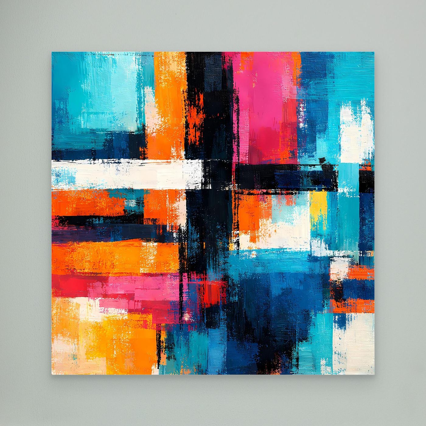 Abstract geometric canvas painting with colorful blocks and lines, unframed