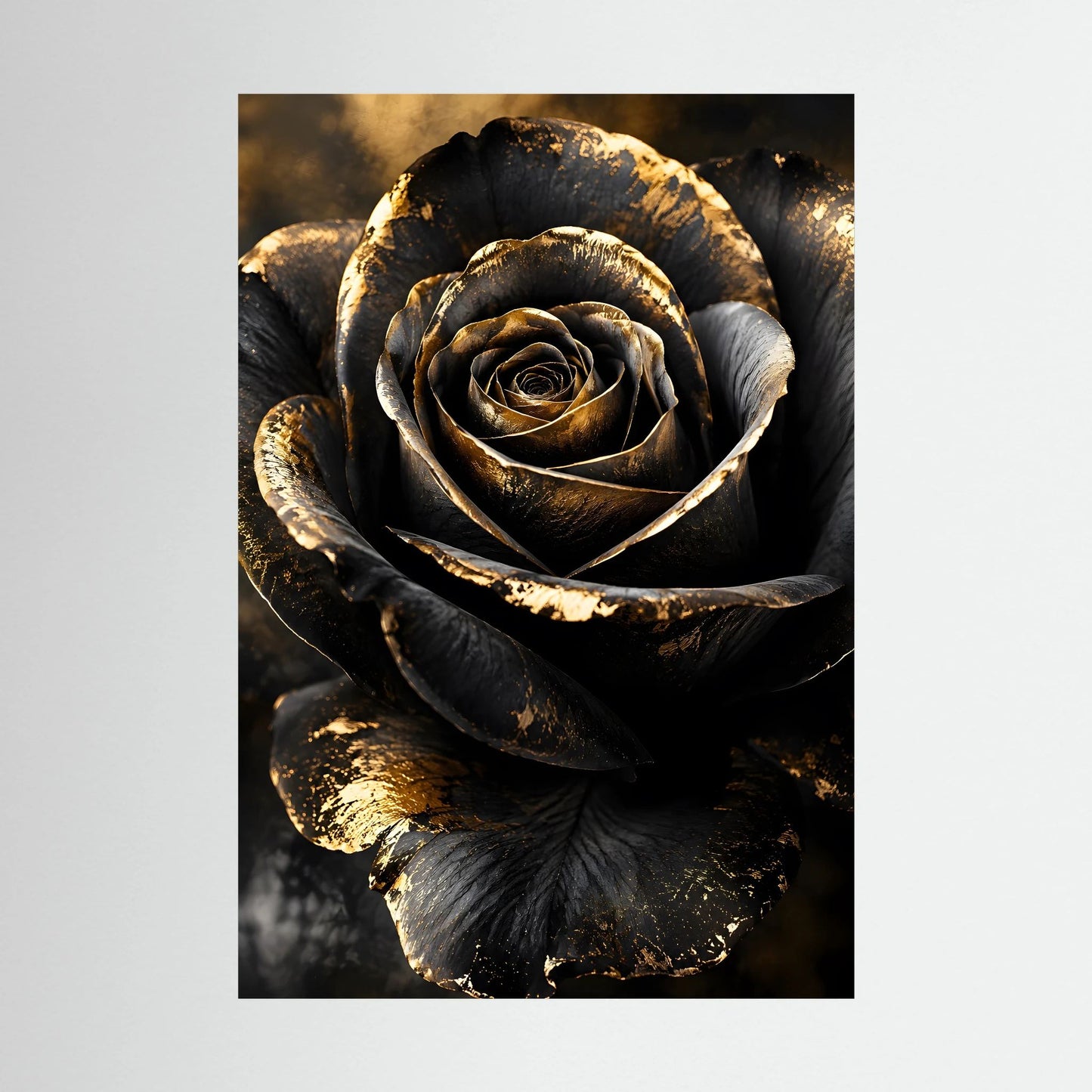 Kunstposter mit schwarzer Rose und goldenen Highlights, vertikale Nahaufnahme
