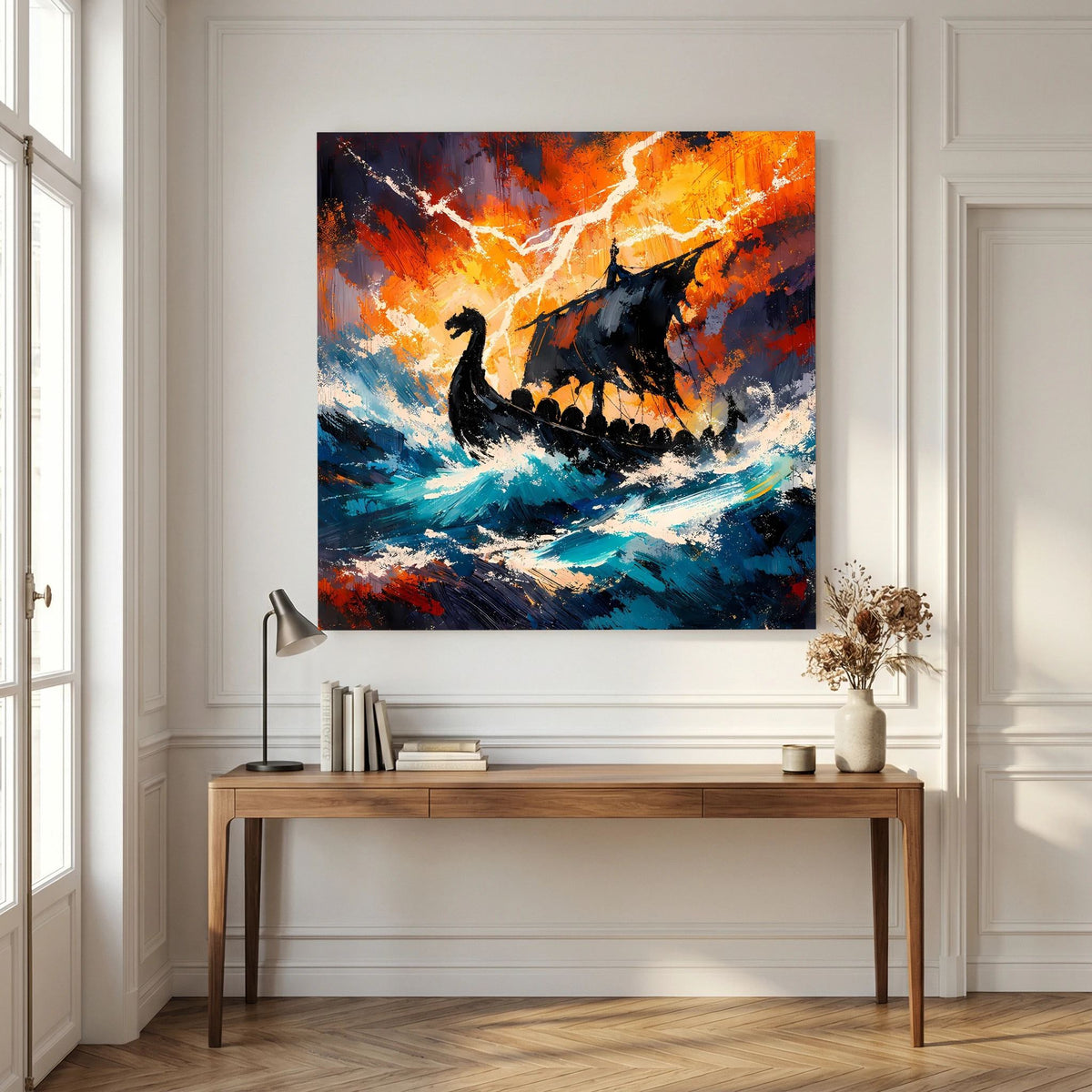Keilrahmen-Leinwand mit Wikinger-Langschiff-Silhouette, orange Gewittersturm und blaue See mit Blitz
