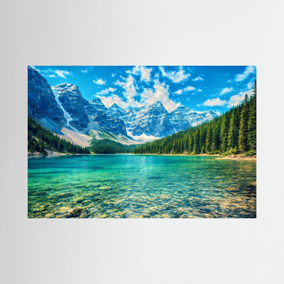 Wandbild mit türkisfarbenem Bergsee und schroffen Alpenfelsen, Querformat
