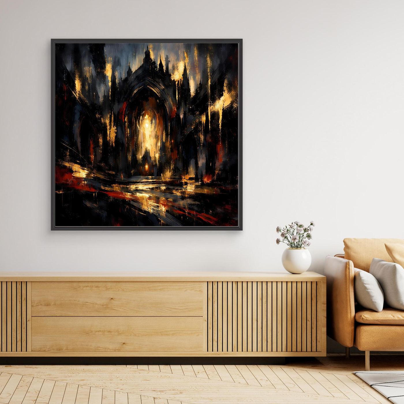 Leinwandbild mit abstrakter gotischer Kathedrale, dunkel mit goldenen Akzenten, schwarzer Rahmen