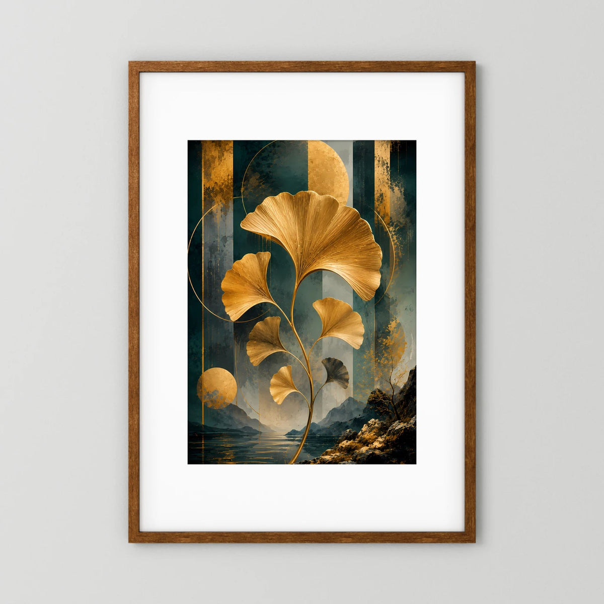 Gerahmtes Poster mit abstrakten Ginkgoblättern in Gold, Petrol und Schwarz; hochformatig