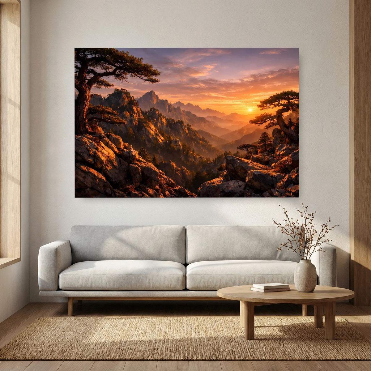 Rechteckiges Wandbild im Querformat mit Gebirgslandschaft im Sonnenuntergang