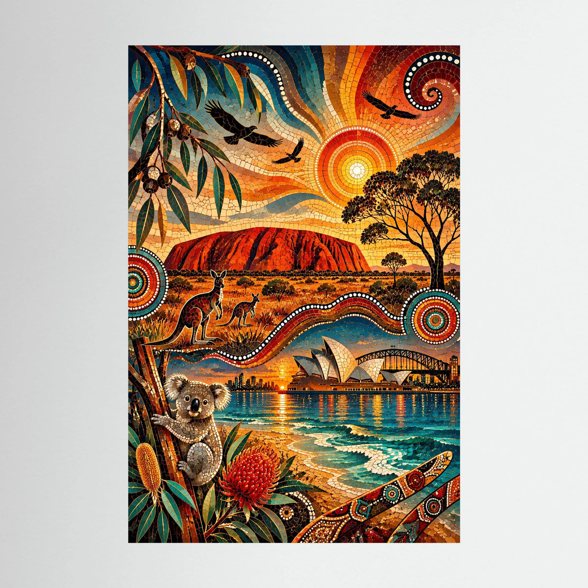 Australien Mosaik | Uluru, Kängurus, Koala & Sydney im Aboriginal-inspirierten Stil | Poster Hochformat