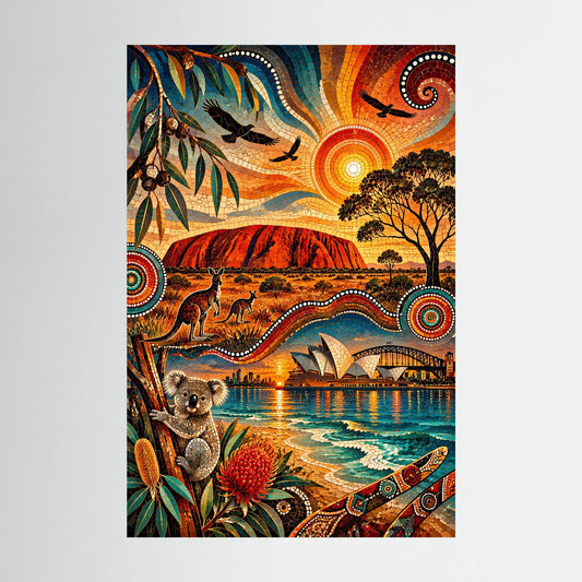 Hochformatiges Poster mit buntem Aboriginal-Motiv: Koala am Wasser, Sonne und Tierwelt