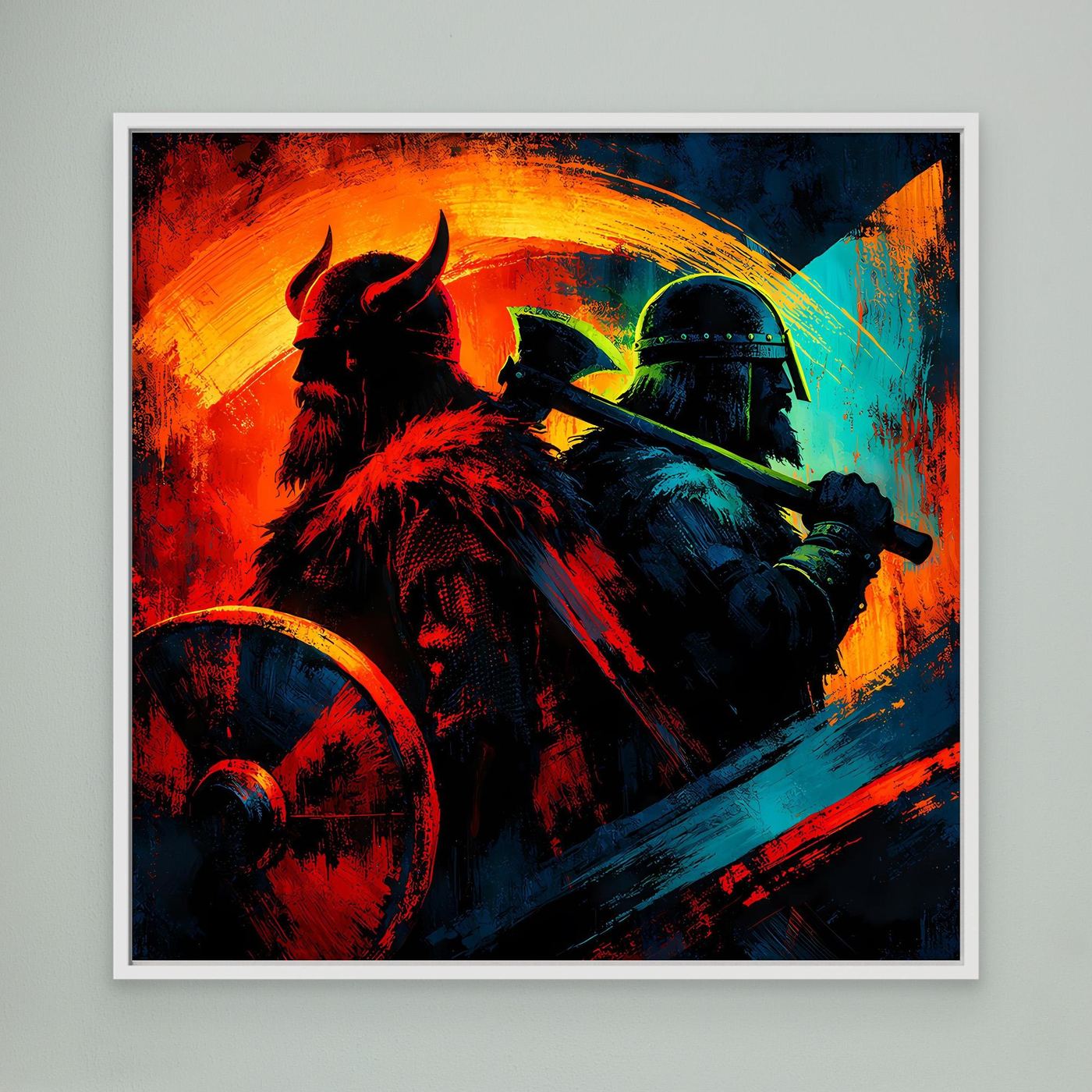 Gerahmtes Leinwandbild: Wikingerkrieger mit Helm und Axt, kräftige Rot-Blau-Grafik