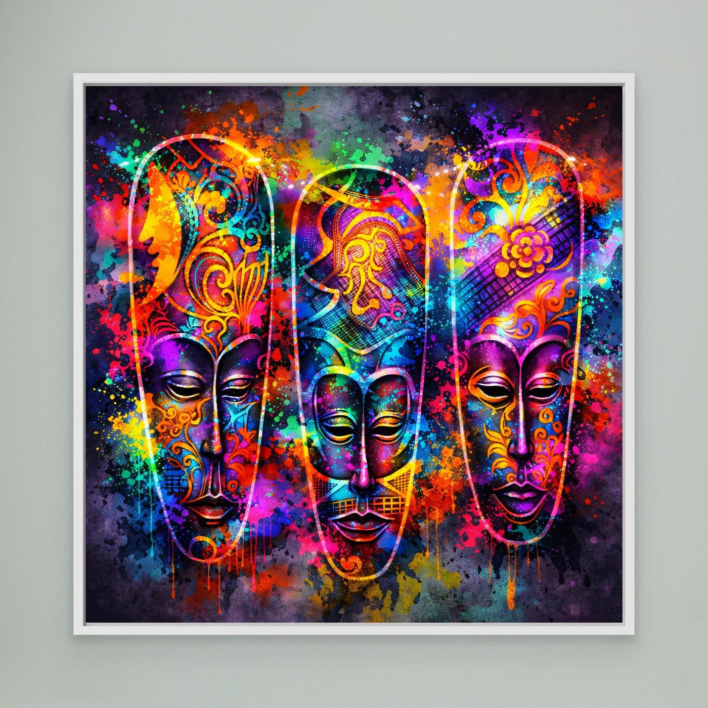 Leinwandbild mit drei farbigen Masken im Neon-Stil, weißer Rahmen