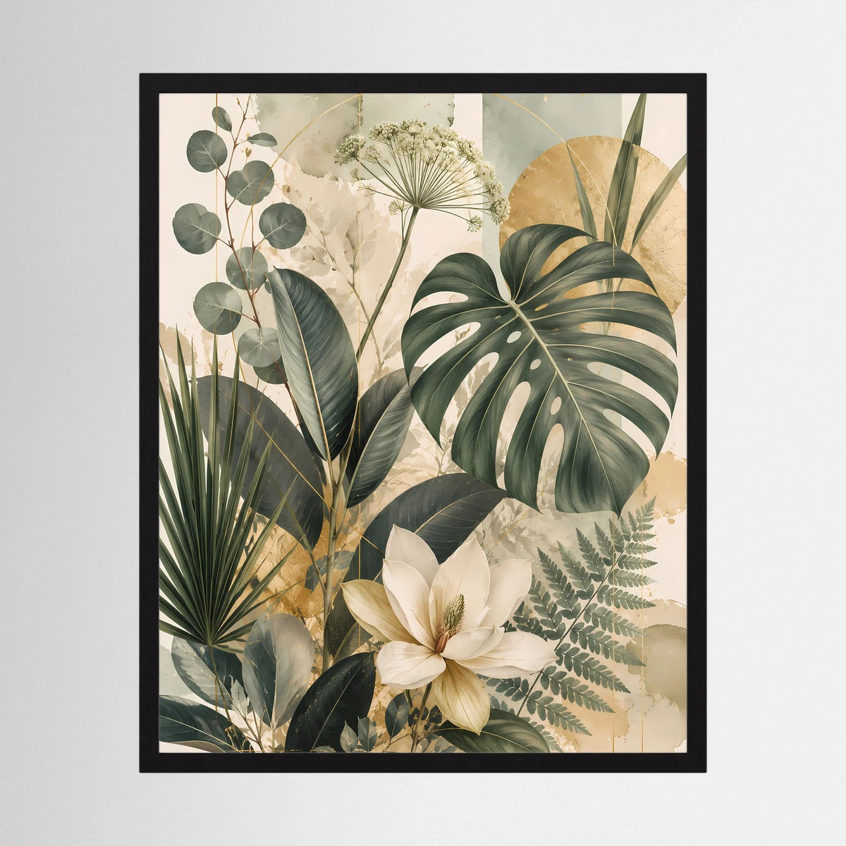 Hochformatiges Poster mit Monstera- und Magnolienblättern in Grün und Gold, schwarzer Rahmen