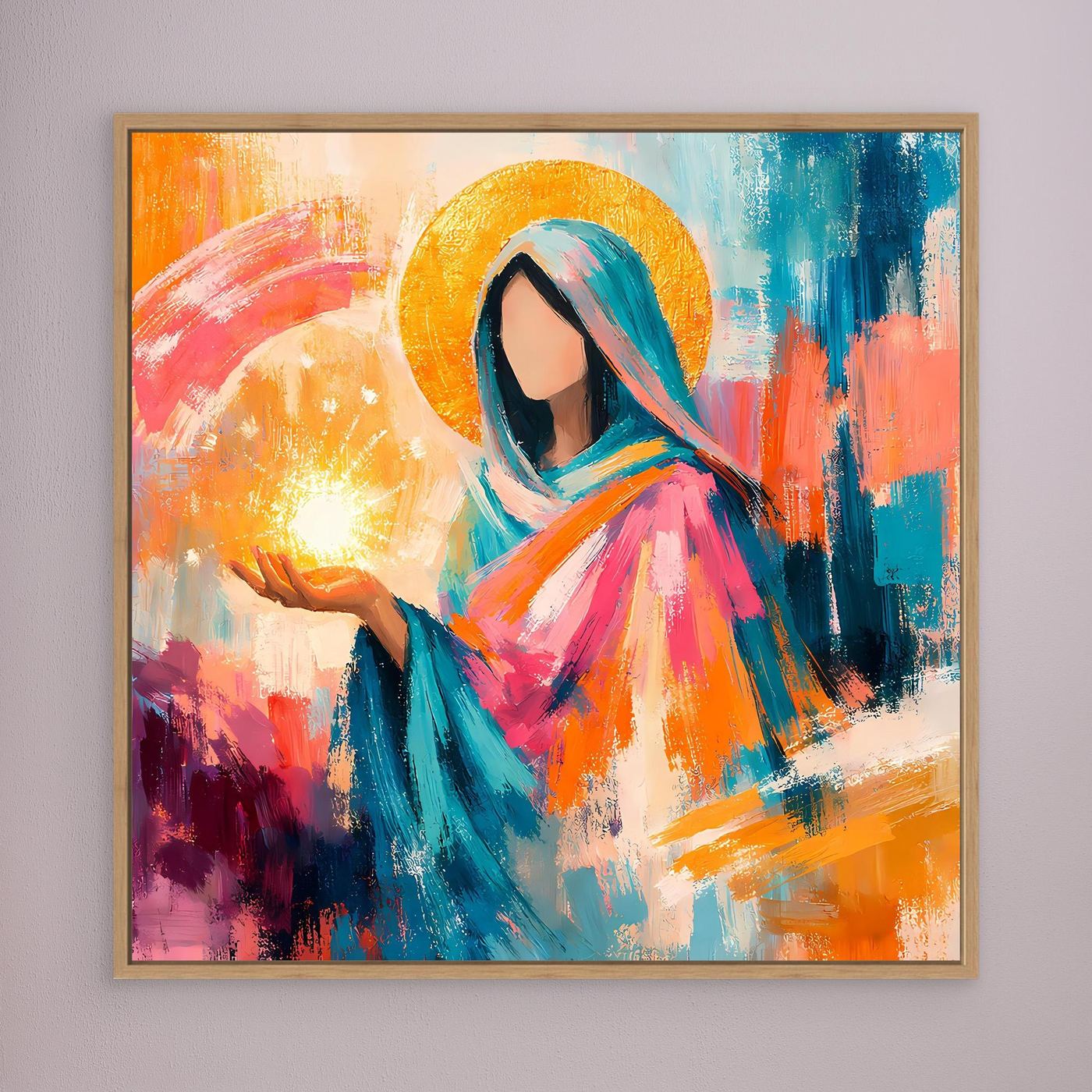 Wandbild: Mariafigur mit Heiligenschein und leuchtender Kerze, braun gerahmt