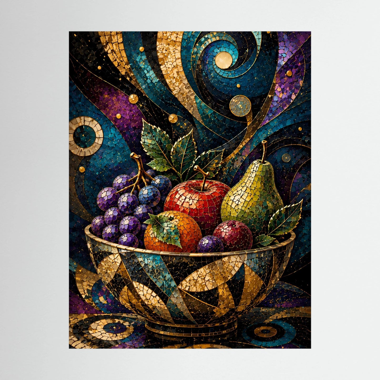 Nahaufnahme: Mosaik-Obstschale mit bunten Früchten und goldenen Ornamentelementen, Hochformat