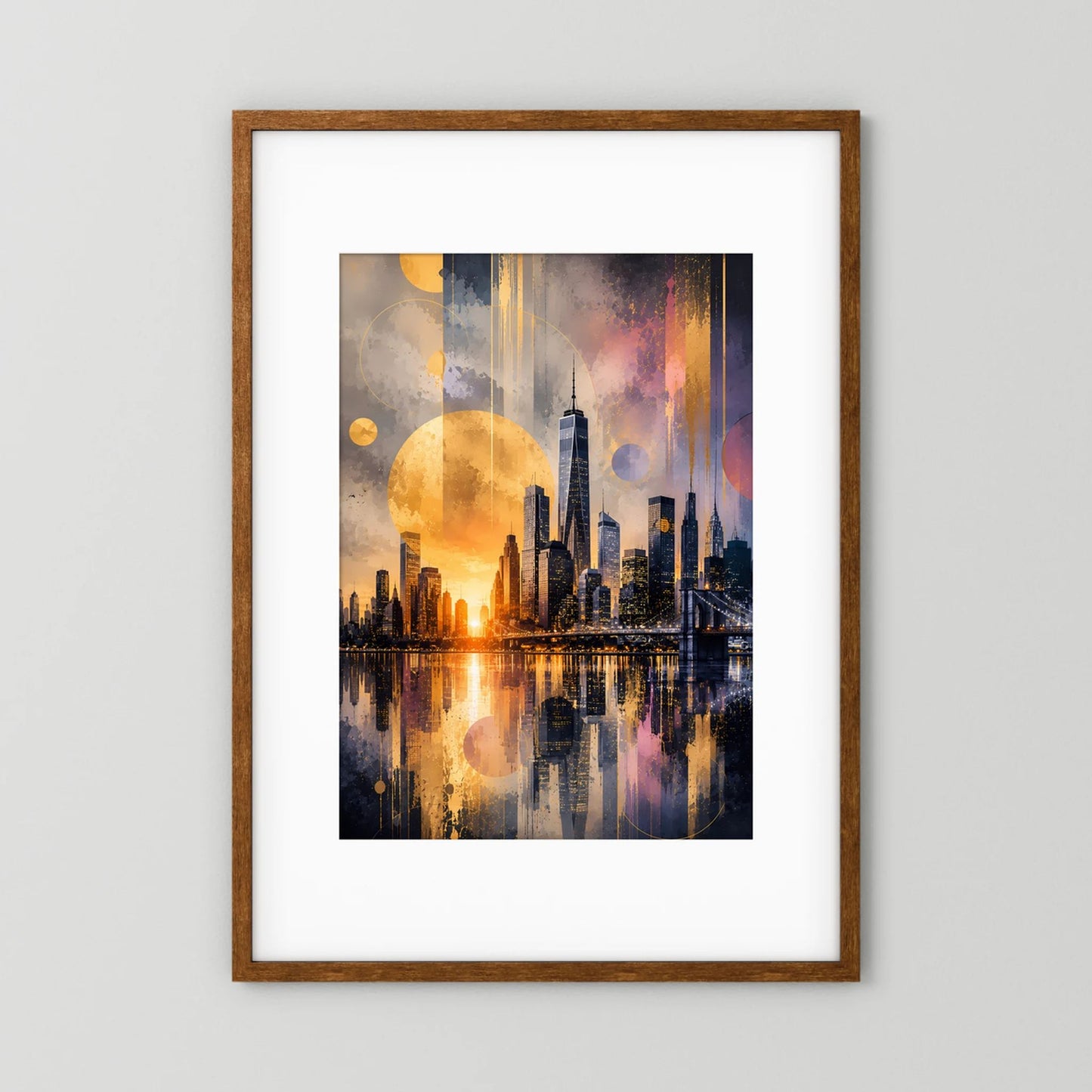 Abstraktes Poster (Hochformat) mit Skyline, goldenen Lichtern und Wasserreflexion, brauner Holzrahmen