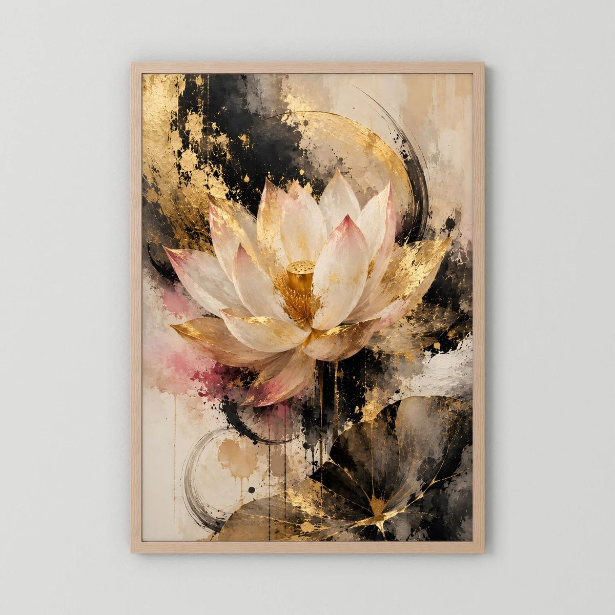 Poster mit Lotusblüte, abstrakt in Gold und Creme, hellbrauner Rahmen