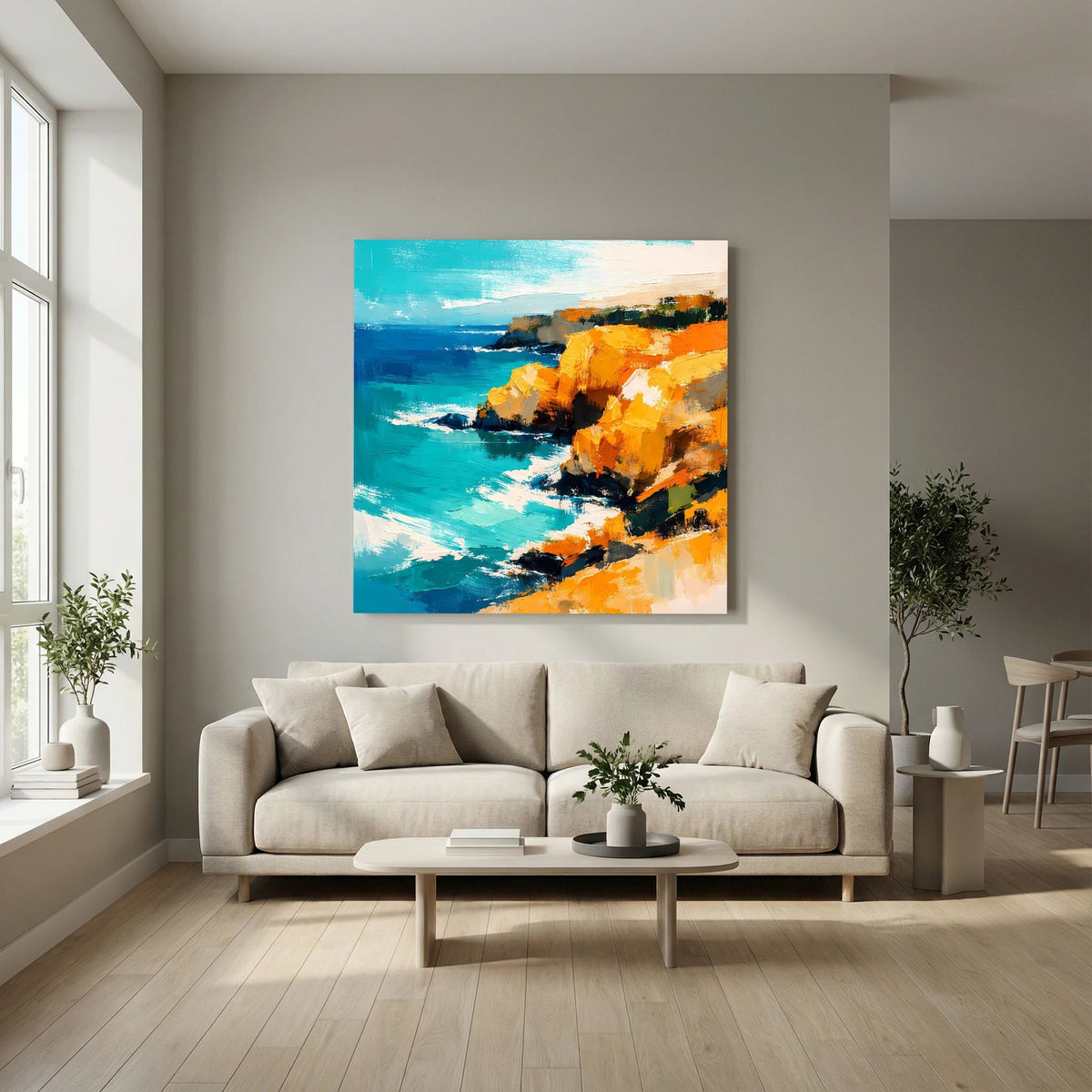 Leinwand Abstraktes Steilküsten Gemälde | Modernes Mediterranes Meeres Wandbild Blau Gelb