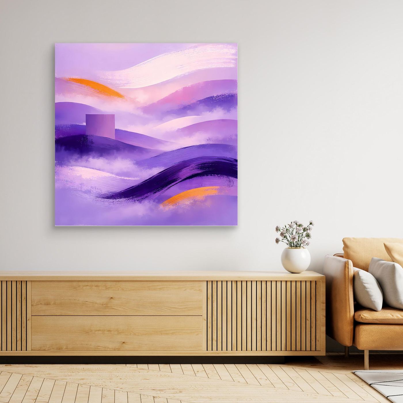 Leinwandbild mit abstrakter Berglandschaft in Flieder und Violett, ohne Rahmen
