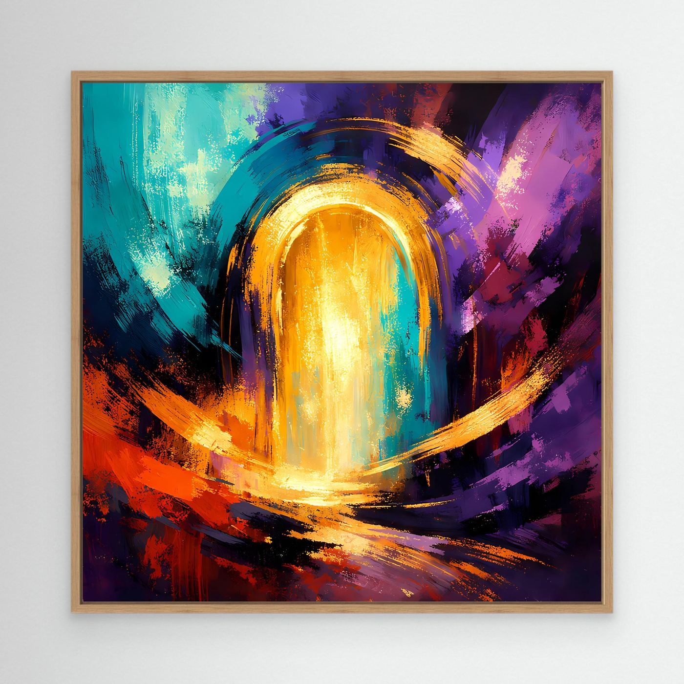 Abstraktes Leinwand-Wandbild mit goldenem Lichttor im Holzrahmen aus Eiche; Blau, Lila, Orange