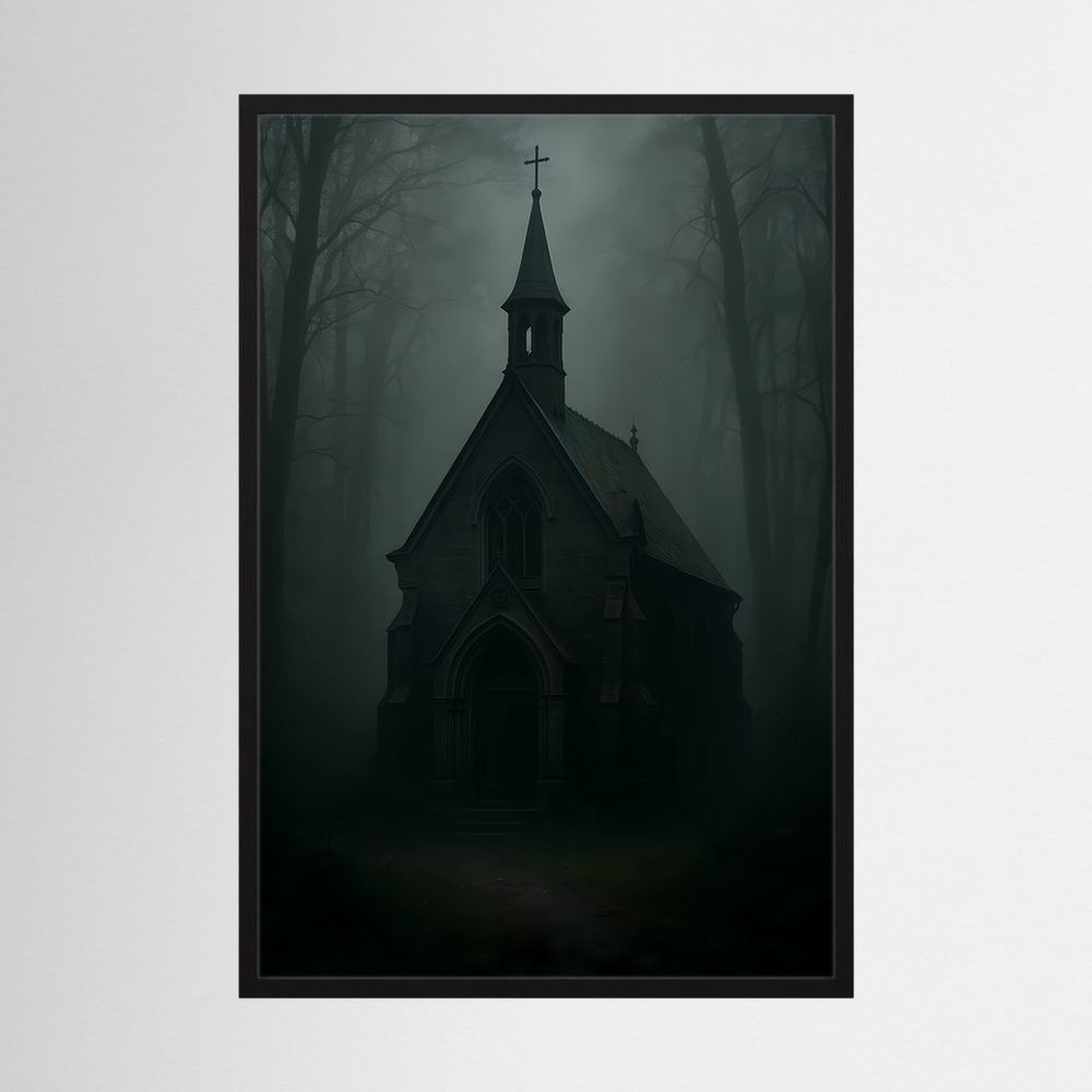 Gerahmtes Poster: dunkle gotische Kapelle mit Glockenturm im Nebel, schwarze Einfassung