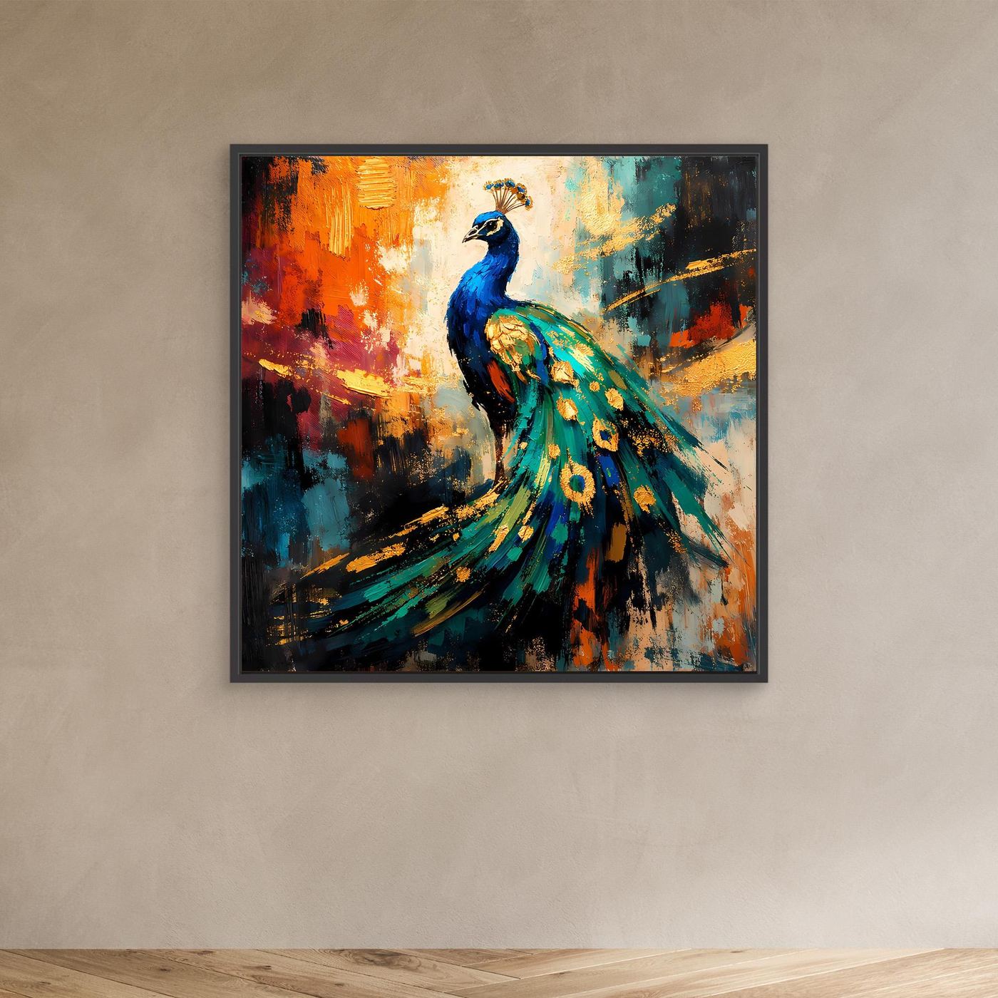 Leinwandbild mit leuchtendem Pfau, abstrakt gemalt, schwarz gerahmt