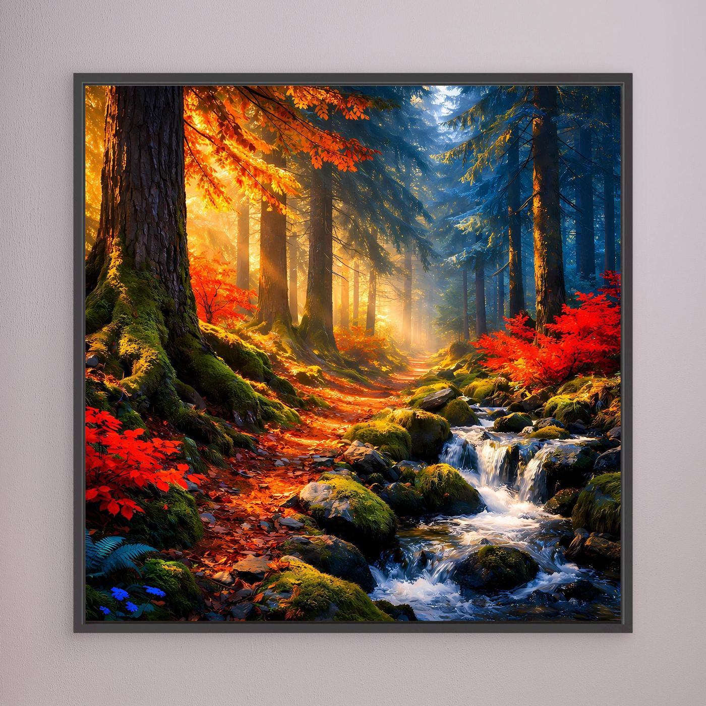 Wandbild mit Herbstwald und Bach, warmes Licht, schwarzer Rahmen