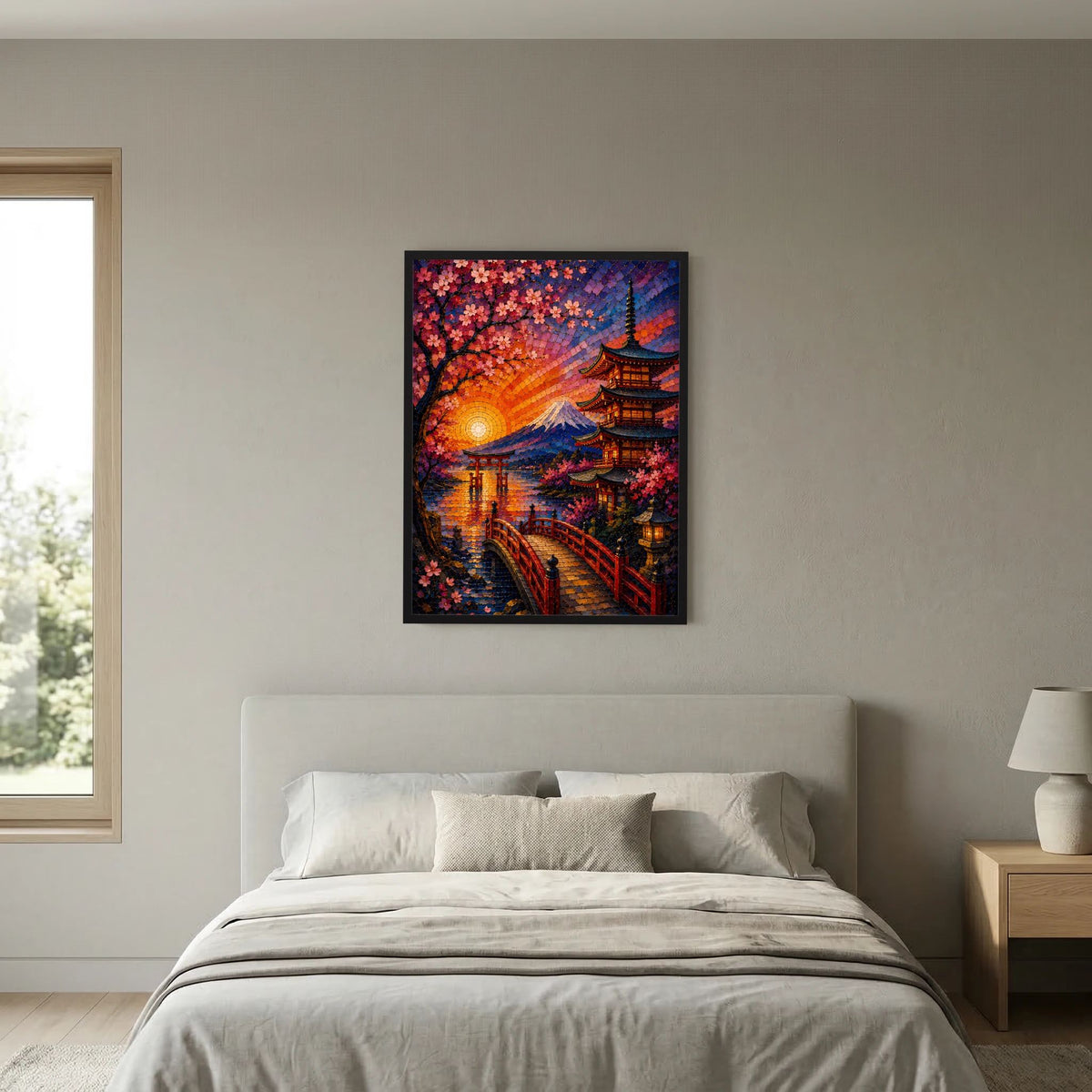 Wandposter im Hochformat: Sakura, Pagode und Fuji bei Sonnenuntergang, schwarzer Rahmen
