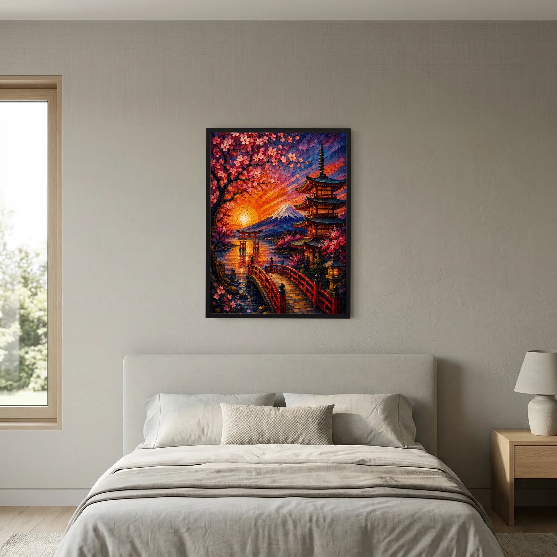 Wandposter im Hochformat: Sakura, Pagode und Fuji bei Sonnenuntergang, schwarzer Rahmen