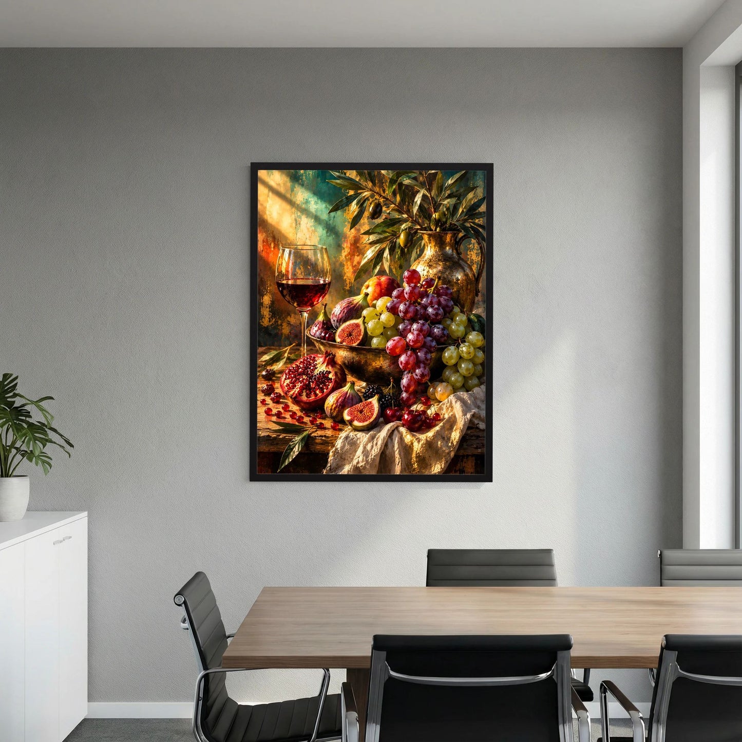 Poster an der Wand mit Stillleben: Trauben, Feigen, Granatapfel und Wein im Glas