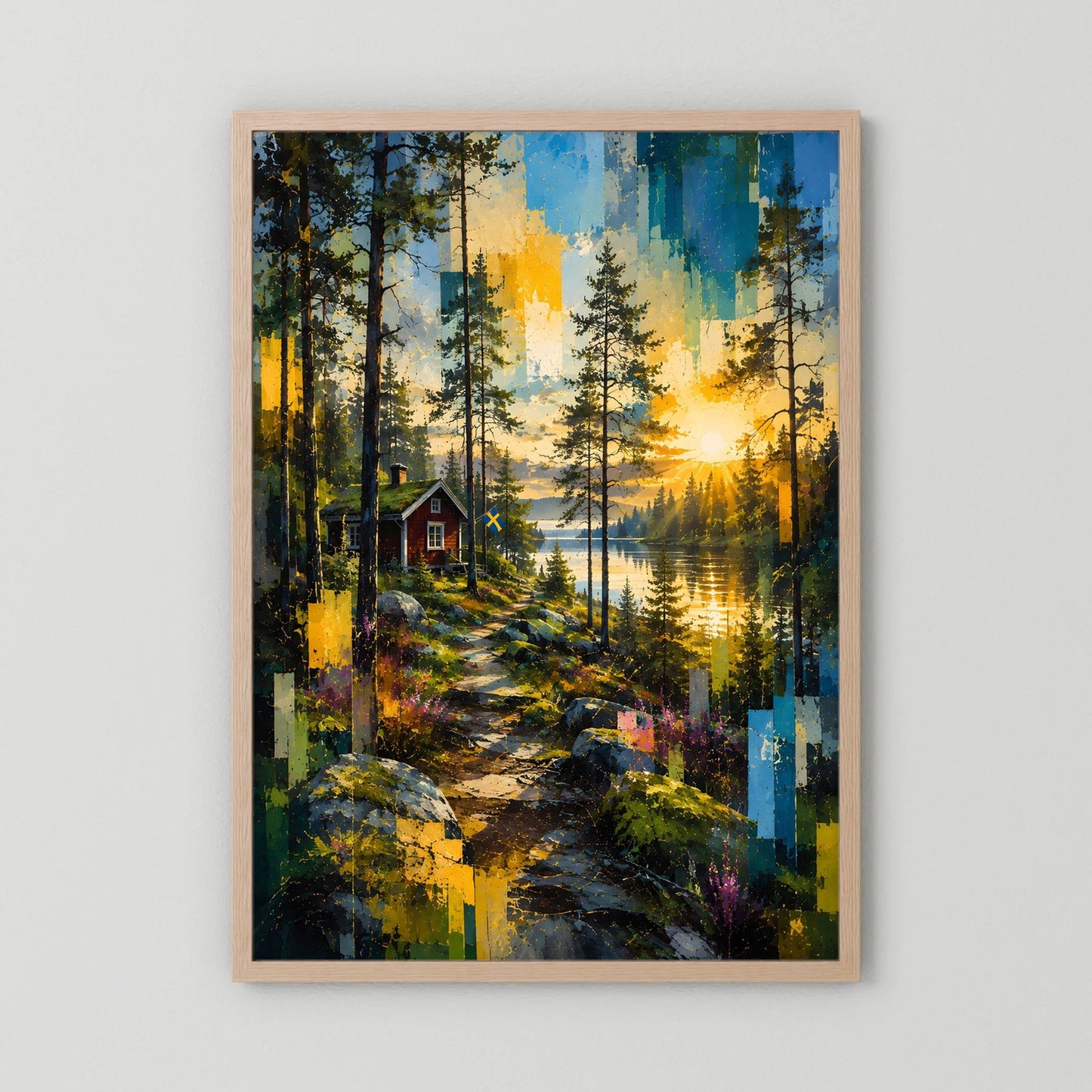 Poster im Hochformat mit Waldweg, Bäumen und See bei Sonnenuntergang, naturfarbenes Holzrahmen