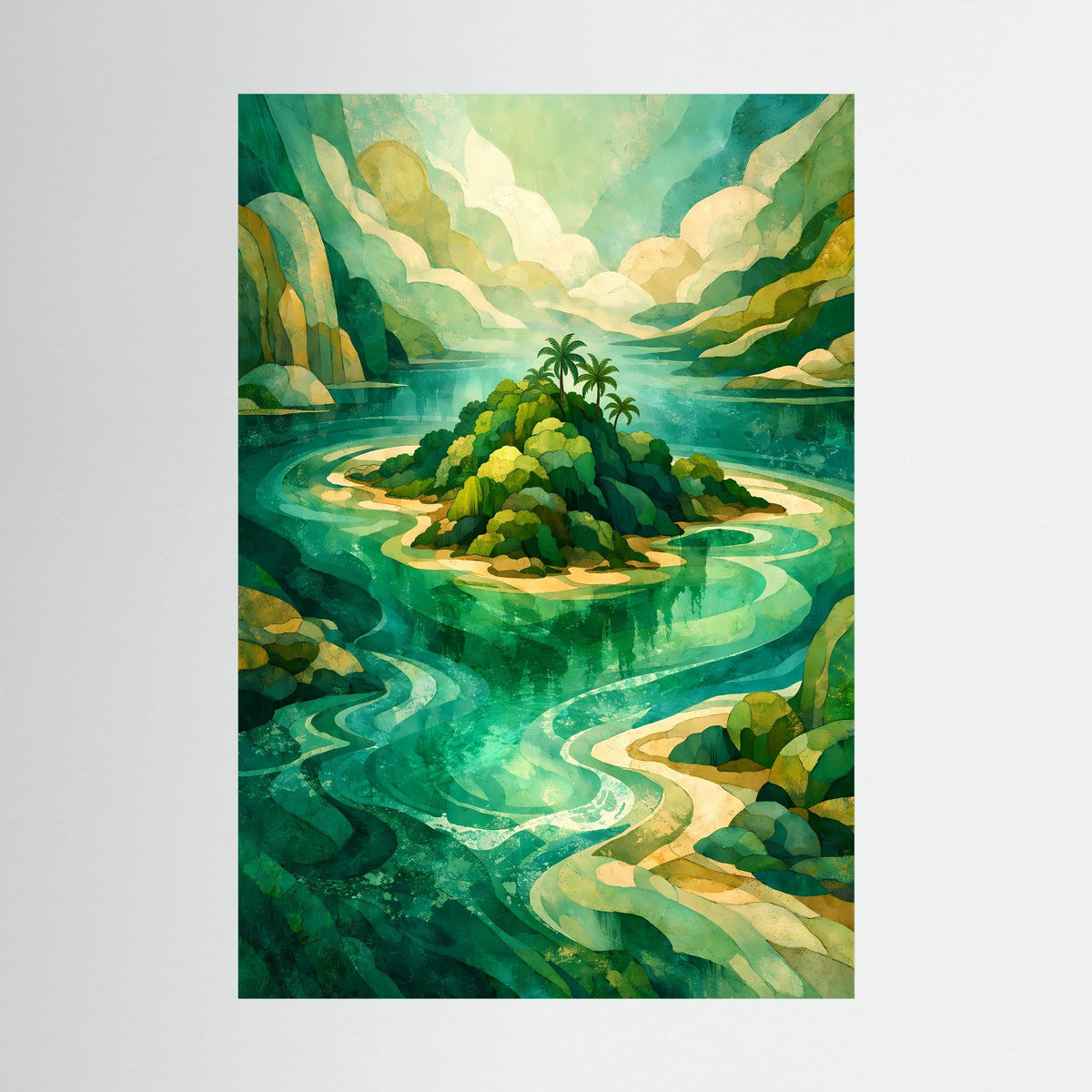 Hochformat-Poster mit abstrakter tropischer Insel in Türkis und Grün, ohne Rahmen