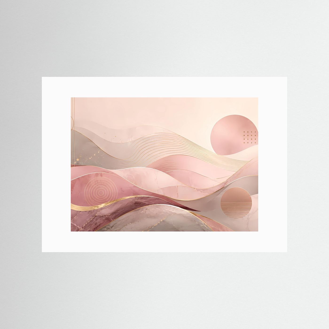 Abstraktes Wellen-Poster querformat mit rosa und Gold im weißen Passepartout