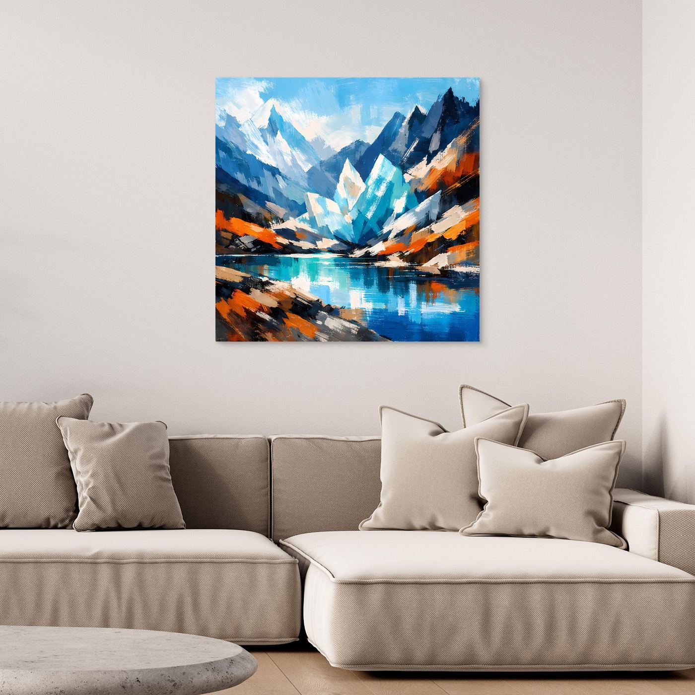 Leinwand-Wandbild mit abstrakter Berglandschaft und Gletschersee in Blau- und Orangetönen