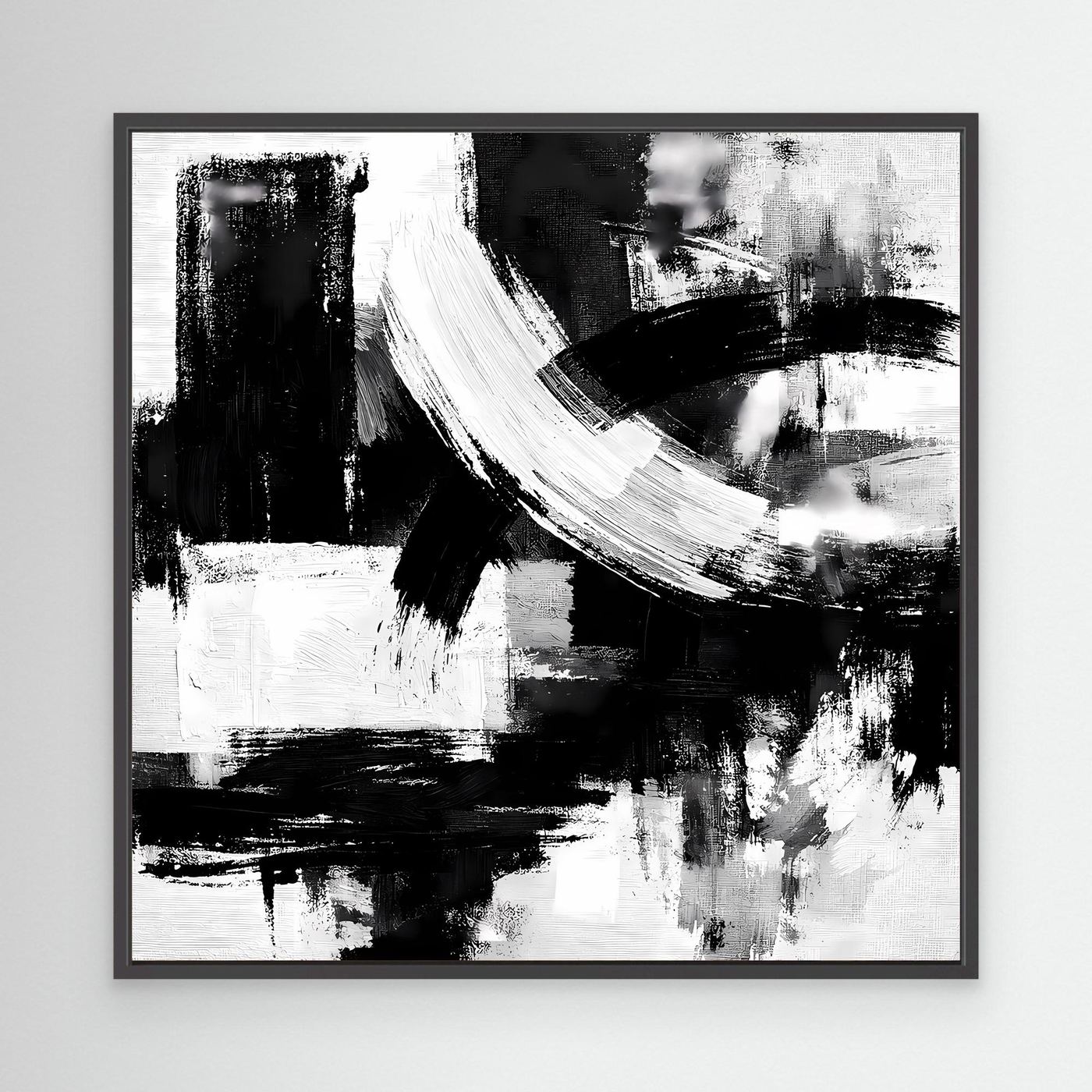 Black-and-white abstract brushstroke canvas wall art in black frame, minimalist