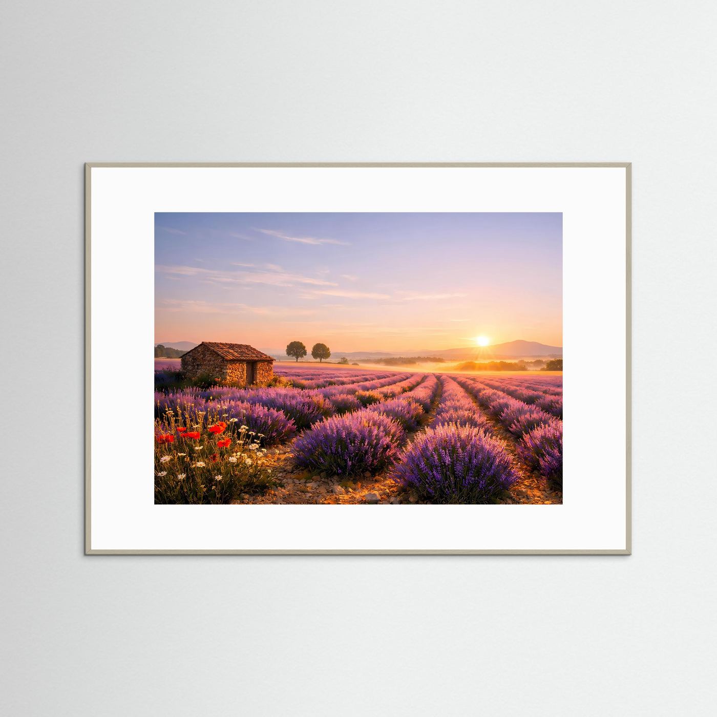 Goldener Morgen in der Provence | Lavendelfeld & Steinhütte Poster Querformat