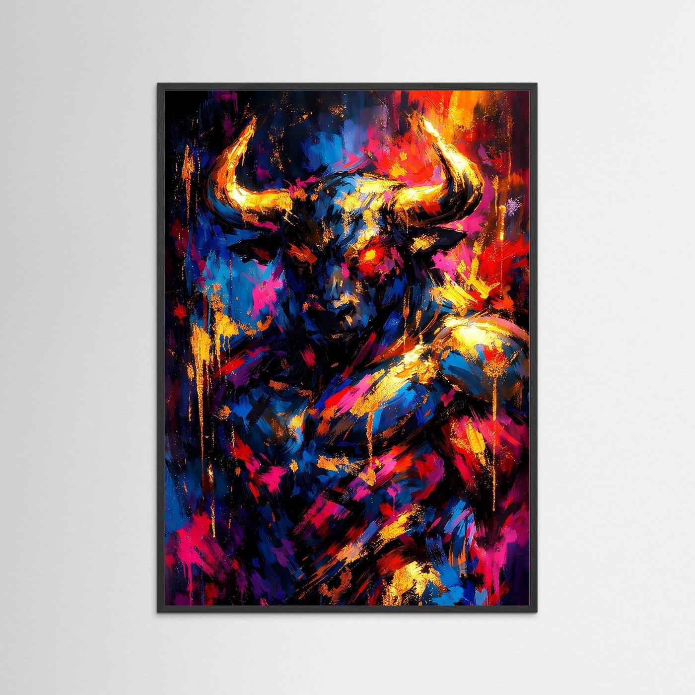 Sternzeichen-Poster Stier in Neonfarben und Gold mit schwarzem Rahmen, hochformatig