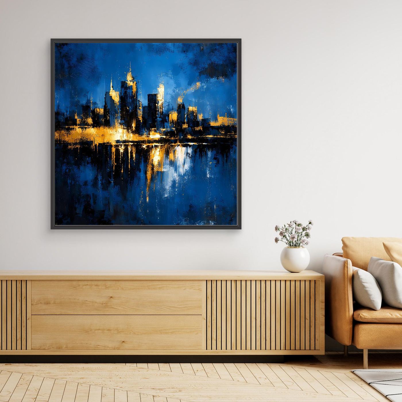 Leinwand Goldene Skyline bei Nacht | Modernes Abstraktes New York Wandbild