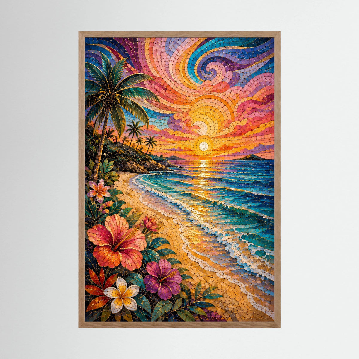 Tropischer Strand im Sonnenuntergang | Farbenfrohes Mosaik mit Palmen & Hibiskus | Poster Hochformat