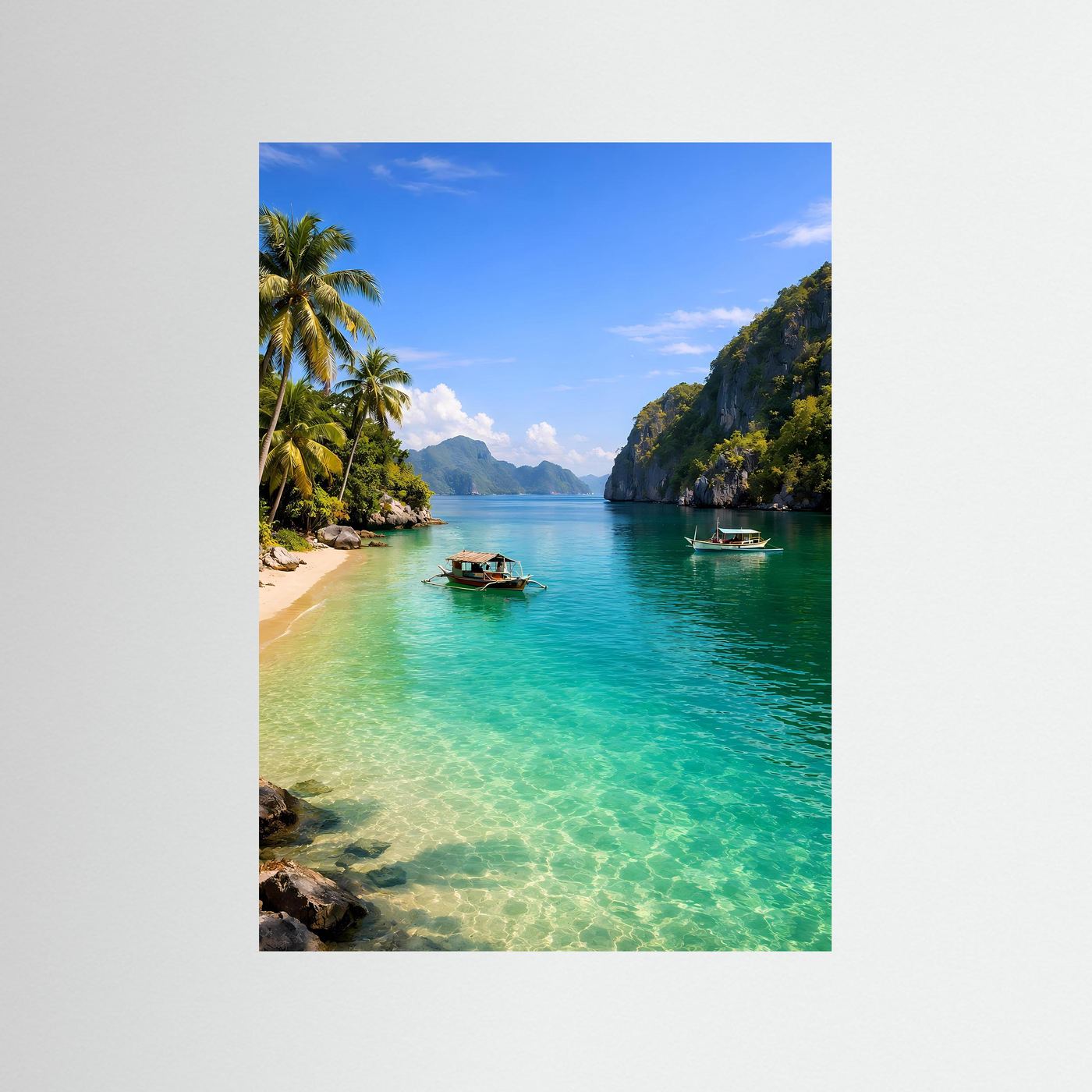 Naturposter mit türkisfarbenem Meer, Palmenstrand und Booten in ruhiger Bucht, Hochformat