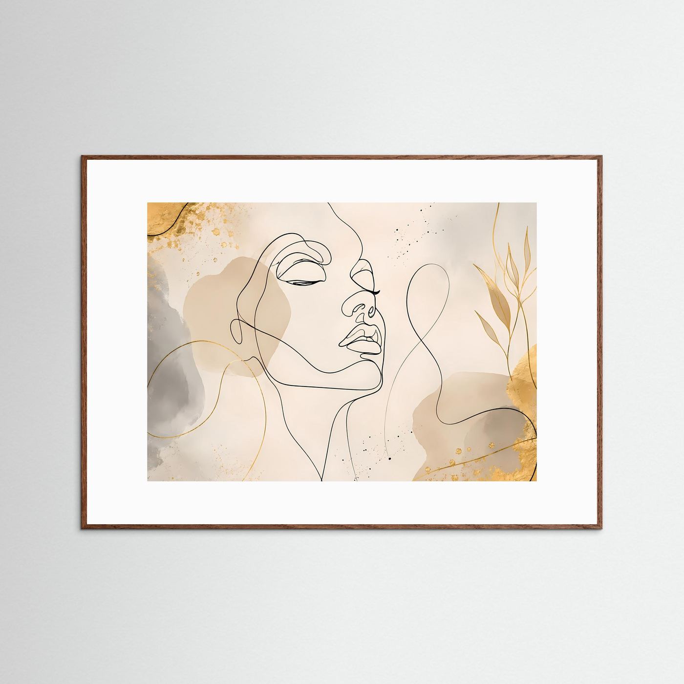 Minimalistisches One Line Face Poster Beige Gold | Moderne Line Art Wandkunst Gesicht Querformat