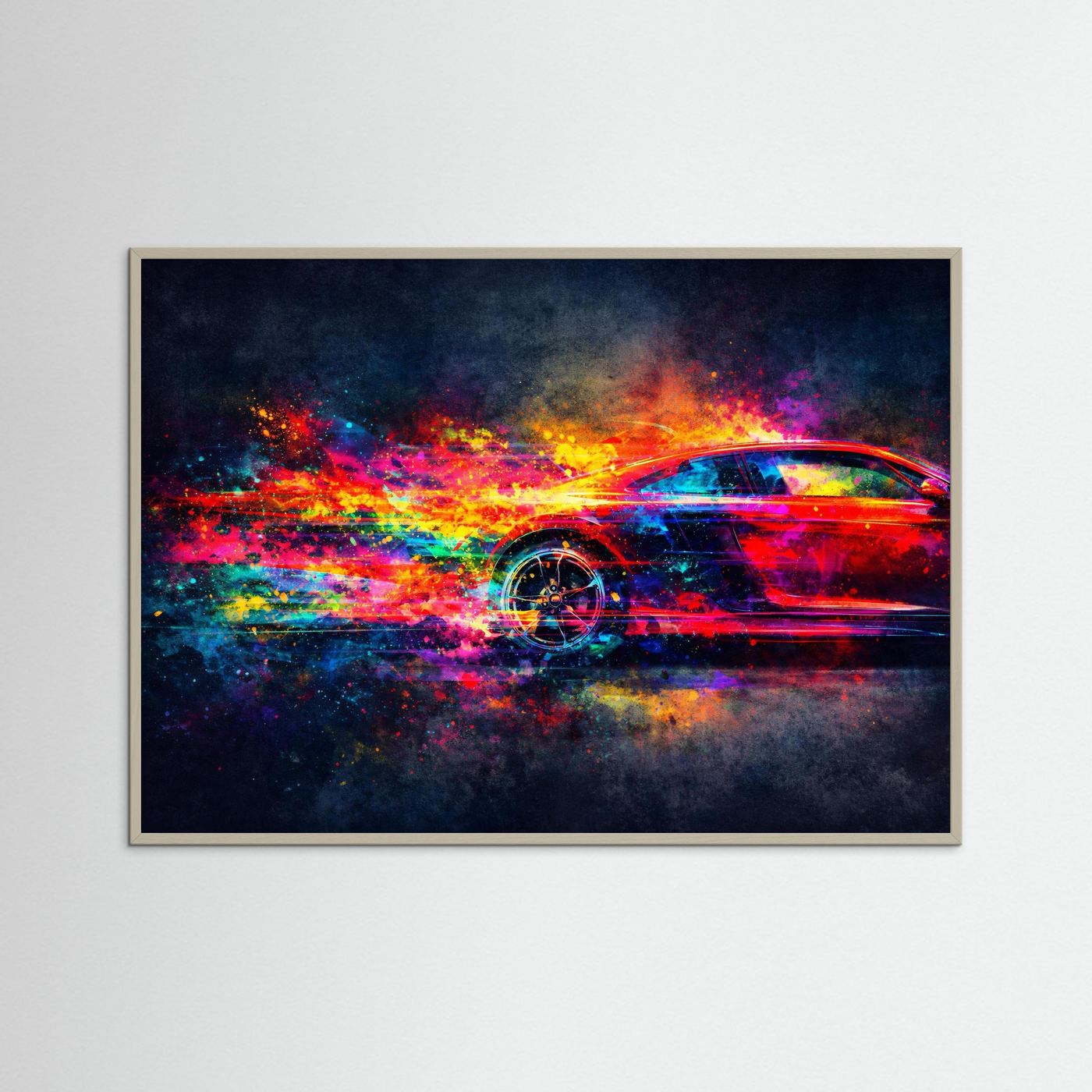Dynamischer Sportwagen in Neon Farben | Abstrakte Auto Kunst & Bunt Wandbild Querformat