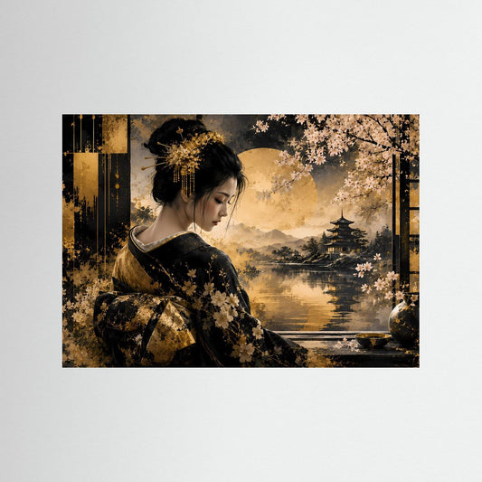Querformat-Wandbild: Geisha im schwarzen Kimono mit goldenen Kirschblüten, ohne Rahmen