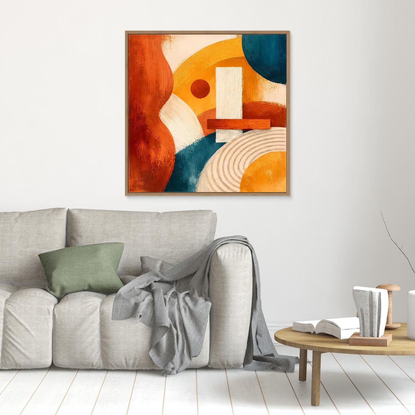 Wandbild mit abstrakten Formen auf Leinwand: Bögen, Rechtecke, Terrakotta und Blau
