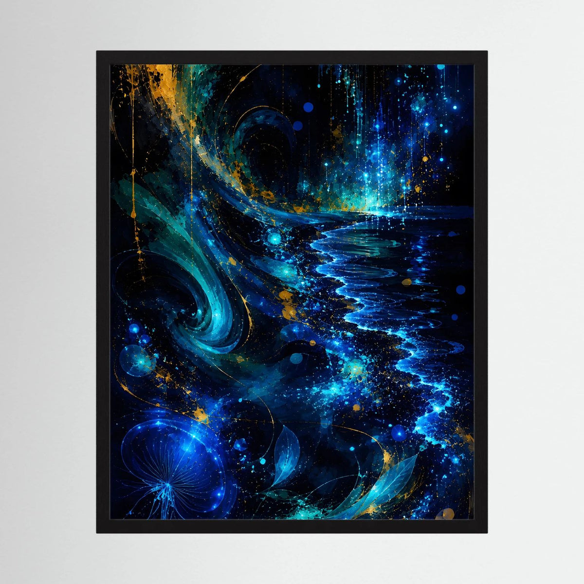 Gerahmtes Hochformat-Poster mit abstrakten, leuchtenden Wellen in Blau und Gold
