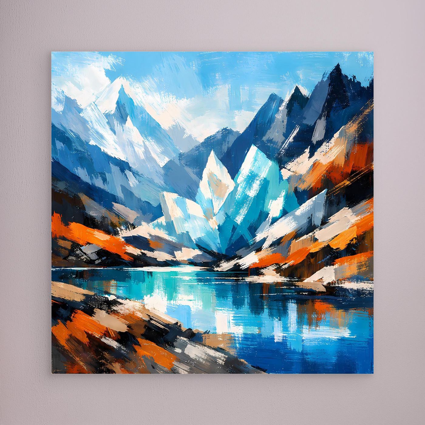 Abstraktes Leinwand-Wandbild mit Berglandschaft und See, türkis/blau, ohne sichtbaren Rahmen